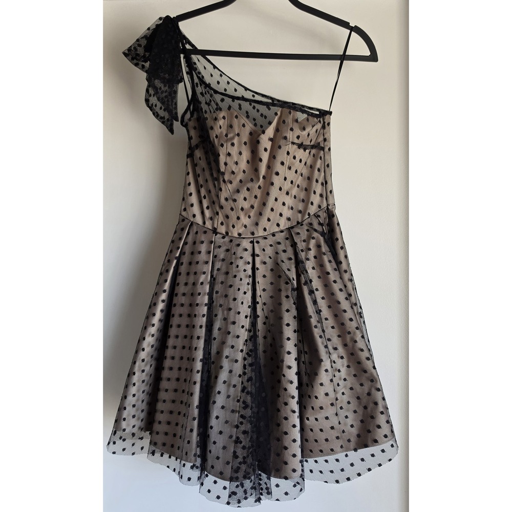 NWT Topshop One-shoulder Mini Dress Size 4 Formal Black Beige Polka Dot Classic